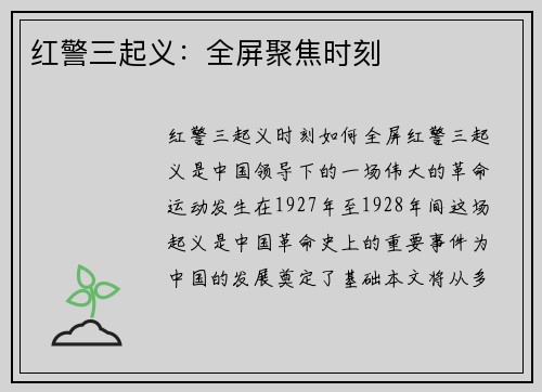 红警三起义：全屏聚焦时刻